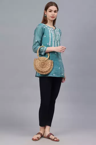 hand embroidered bottle green chanderi lucknowi chikankari top with slip
