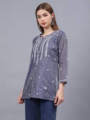 hand embroidered steal blue grey chanderi lucknowi chikankari top with slip 1