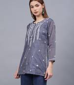 hand embroidered steal blue grey chanderi lucknowi chikankari top with slip