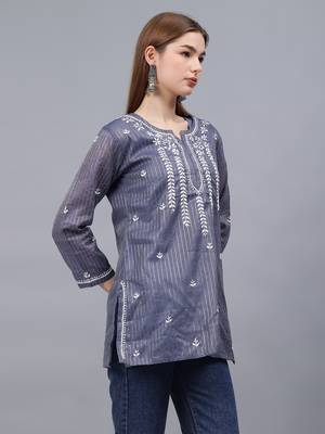 hand embroidered steal blue grey chanderi lucknowi chikankari top with slip 2