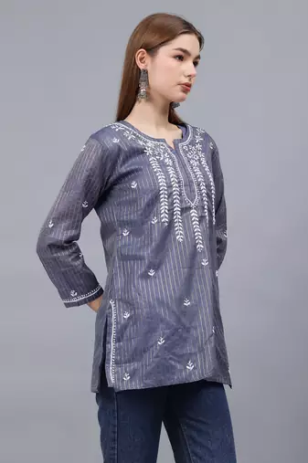 hand embroidered steal blue grey chanderi lucknowi chikankari top with slip