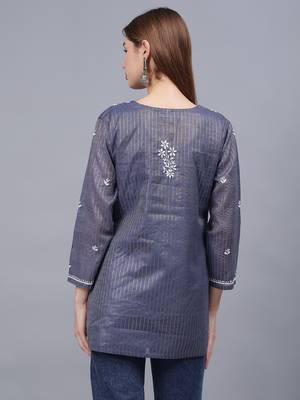 hand embroidered steal blue grey chanderi lucknowi chikankari top with slip 3