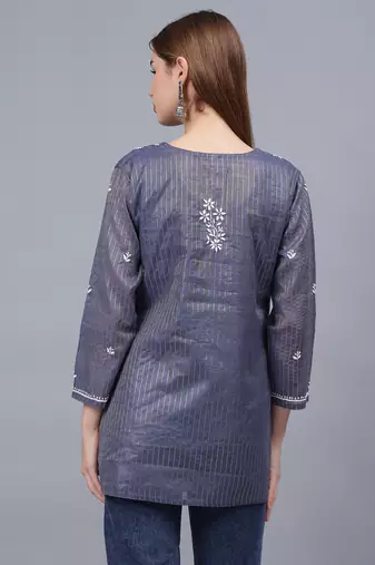 hand embroidered steal blue grey chanderi lucknowi chikankari top with slip