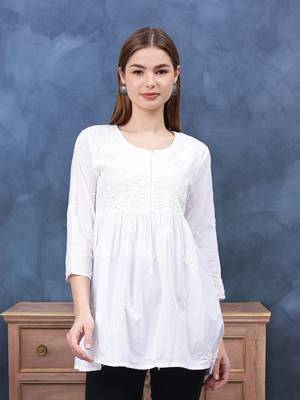 hand embroidered white cotton lucknowi chikankari a-line top 1