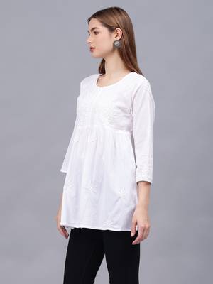 hand embroidered white cotton lucknowi chikankari a-line top 2