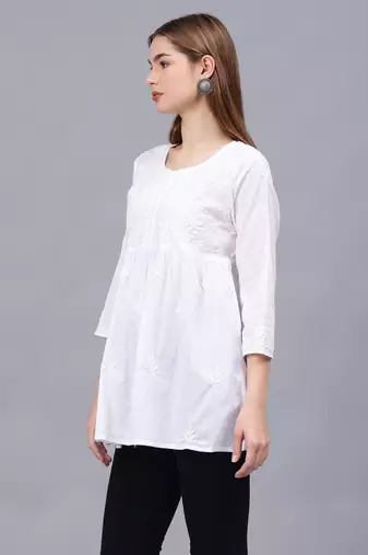 hand embroidered white cotton lucknowi chikankari a-line top
