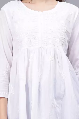 hand embroidered white cotton lucknowi chikankari a-line top
