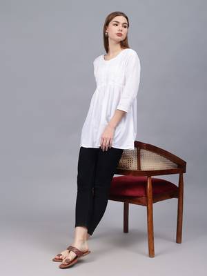 hand embroidered white cotton lucknowi chikankari a-line top 4