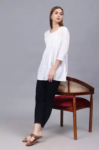 hand embroidered white cotton lucknowi chikankari a-line top
