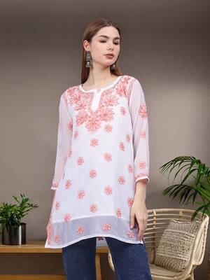 hand embroidered white georgette lucknowi chikankari top with slip 1