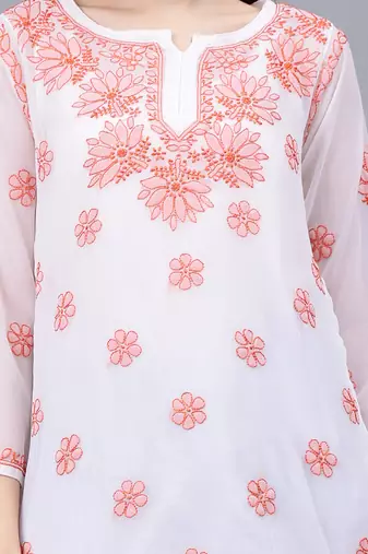 hand embroidered white georgette lucknowi chikankari top with slip