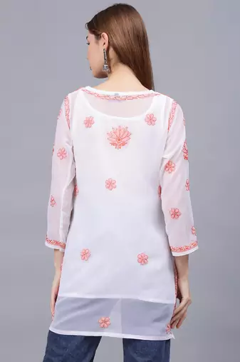 hand embroidered white georgette lucknowi chikankari top with slip