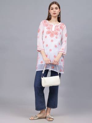hand embroidered white georgette lucknowi chikankari top with slip 4