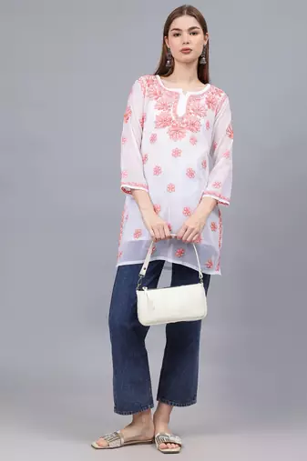 hand embroidered white georgette lucknowi chikankari top with slip