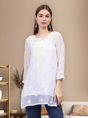 hand embroidered white georgette lucknowi chikankari top with slip 1
