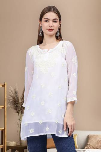 hand embroidered white georgette lucknowi chikankari top with slip
