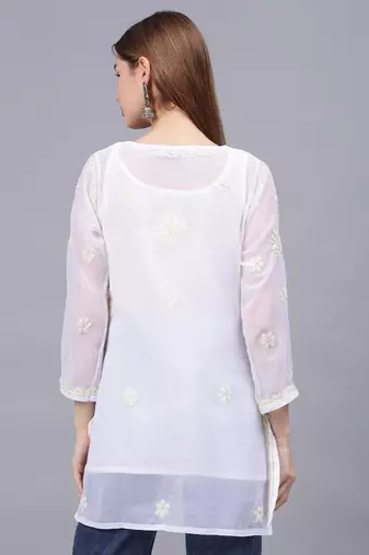 hand embroidered white georgette lucknowi chikankari top with slip