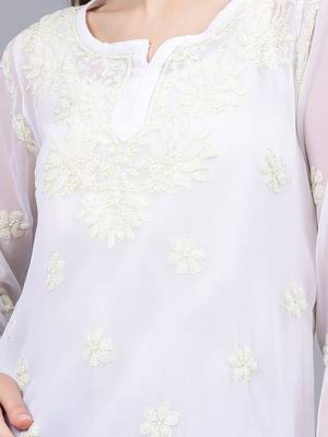 hand embroidered white georgette lucknowi chikankari top with slip 3