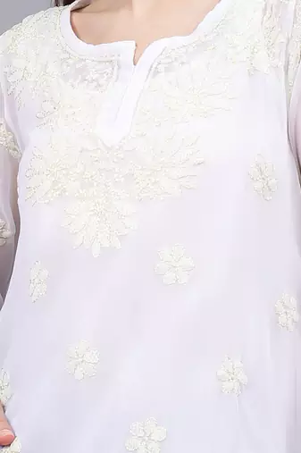 hand embroidered white georgette lucknowi chikankari top with slip