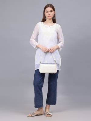 hand embroidered white georgette lucknowi chikankari top with slip 4