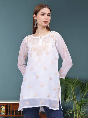 hand embroidered white georgette lucknowi chikankari top with slip 1