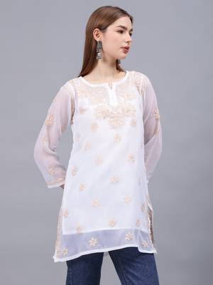 hand embroidered white georgette lucknowi chikankari top with slip 2