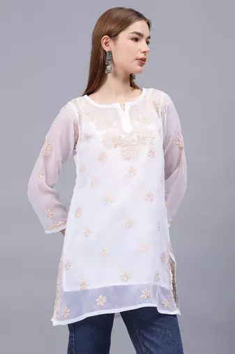 hand embroidered white georgette lucknowi chikankari top with slip