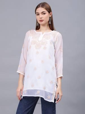 hand embroidered white georgette lucknowi chikankari top with slip 3