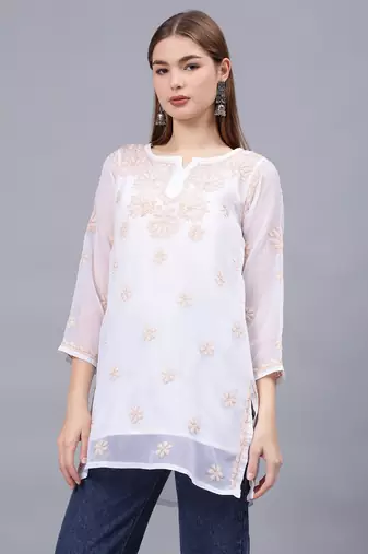 hand embroidered white georgette lucknowi chikankari top with slip