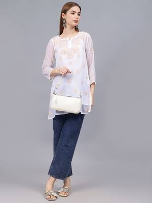 hand embroidered white georgette lucknowi chikankari top with slip 4
