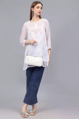 hand embroidered white georgette lucknowi chikankari top with slip