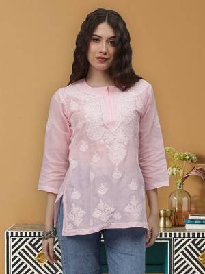 hand embroidered pink terivoil lucknowi chikankari top 1