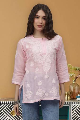 hand embroidered pink terivoil lucknowi chikankari top