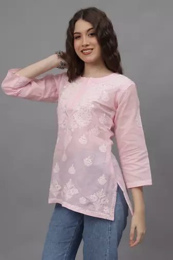 hand embroidered pink terivoil lucknowi chikankari top