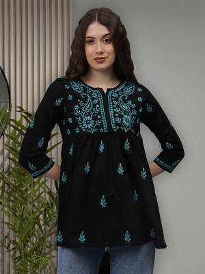 hand embroidered black cotton lucknowi chikankari a-line top 1