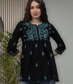 hand embroidered black cotton lucknowi chikankari a-line top