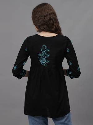hand embroidered black cotton lucknowi chikankari a-line top 2
