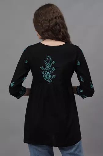 hand embroidered black cotton lucknowi chikankari a-line top
