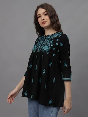 hand embroidered black cotton lucknowi chikankari a-line top 3