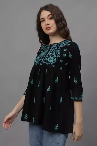 hand embroidered black cotton lucknowi chikankari a-line top