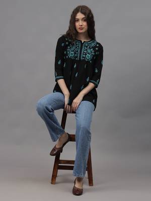 hand embroidered black cotton lucknowi chikankari a-line top 4