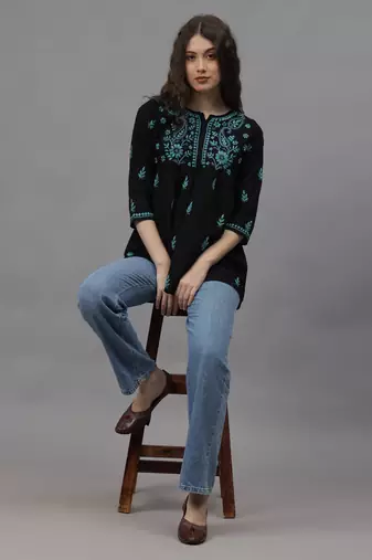 hand embroidered black cotton lucknowi chikankari a-line top
