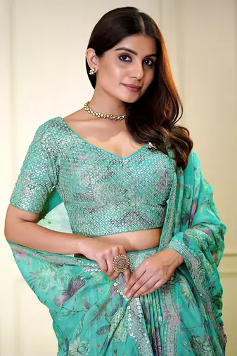 fascinating blue printed organza lehenga set choli with dupatta