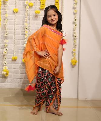 Orange one off shoulder embroidered kaftan with dhoti 1