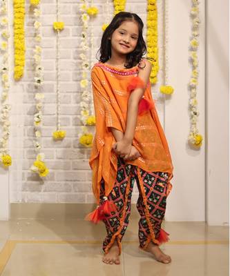 Orange one off shoulder embroidered kaftan with dhoti 2