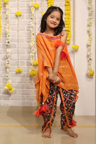 Orange one off shoulder embroidered kaftan with dhoti