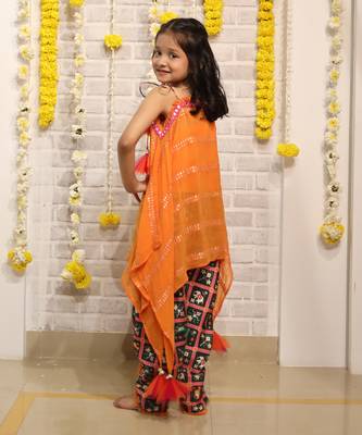 Orange one off shoulder embroidered kaftan with dhoti 3