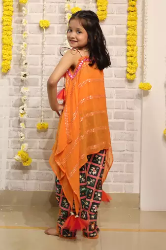 Orange one off shoulder embroidered kaftan with dhoti