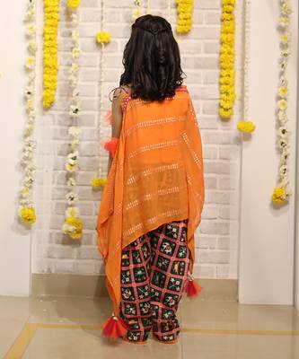 Orange one off shoulder embroidered kaftan with dhoti 4