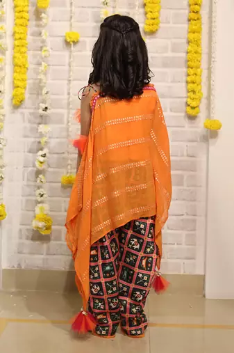 Orange one off shoulder embroidered kaftan with dhoti